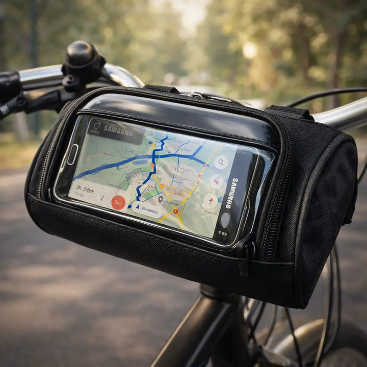 Unisex waterproof bicycle handlebar bag with touchscreen phone holder for easy navigation on rides.