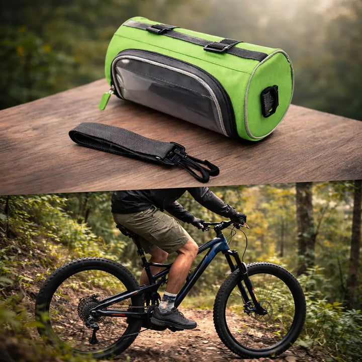 Waterproof bike handlebar bag with clear touchscreen phone pocket, ideal for cycling gear storage.