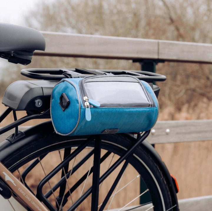 Outdoor cycling: waterproof bike handlebar bag with sensitive touchscreen phone access & storage.
