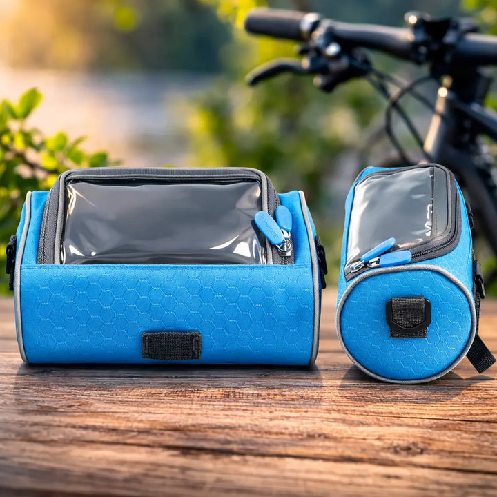 Sleek unisex waterproof bicycle handlebar bag with touchscreen phone compartment for all cyclists.