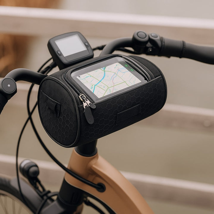 Bike phone holder: waterproof handlebar bag featuring a responsive touchscreen window for cycling.