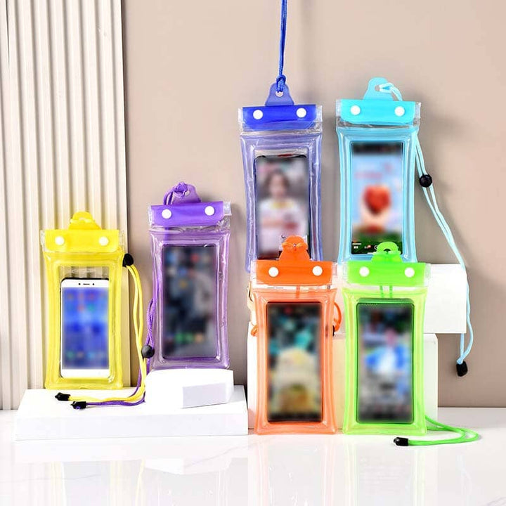 Unisex waterproof phone pouch for swimming & water sports, clear front, black lanyard