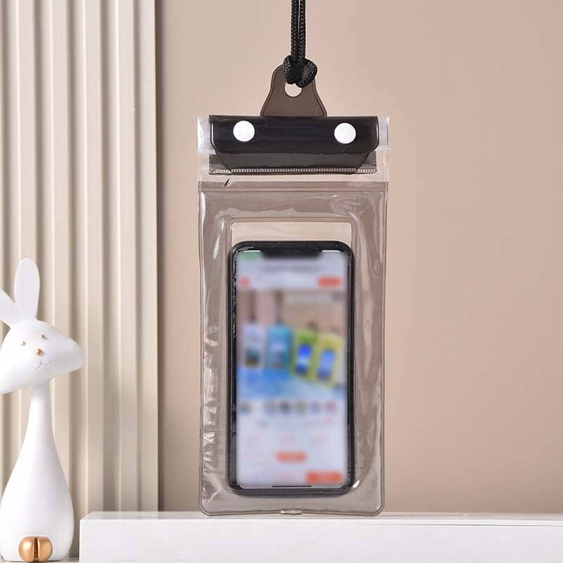 Lightweight waterproof phone accessory for travel and aquatic sports, black lanyard