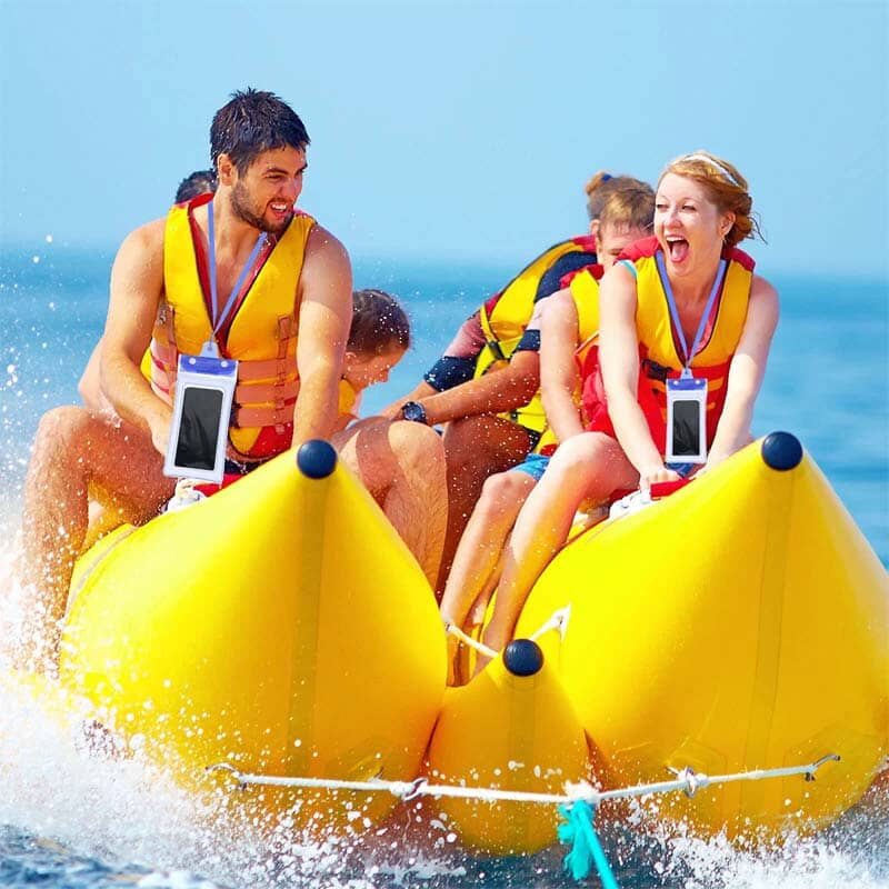 Floating waterproof phone case with adjustable lanyard, perfect for beach and pool