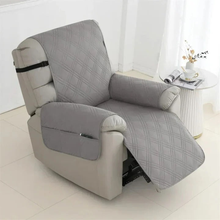 Washable quilted recliner cover with elastic straps ensures a snug, pet-friendly fit, easy to maintain.