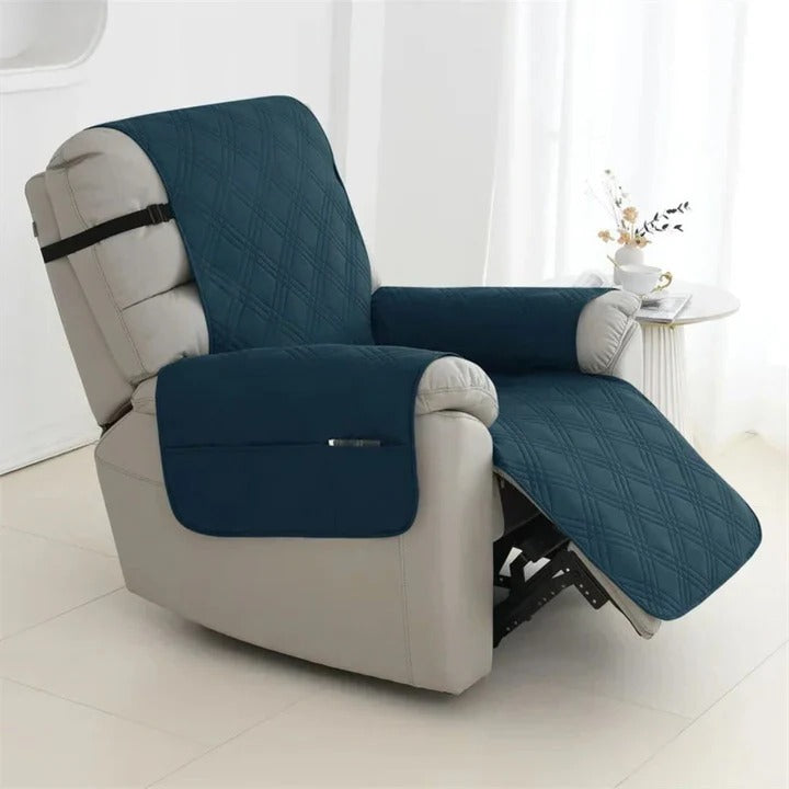 Durable waterproof recliner protector, quilted design with elastic straps for non-slip furniture coverage.