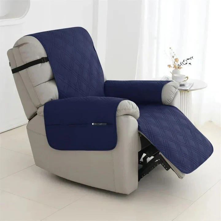 Unisex waterproof quilted recliner cover for living room chairs, featuring elastic straps for a snug fit.