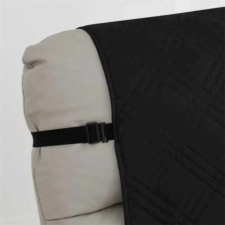 Heavy-duty quilted recliner slipcover, waterproof and washable, designed with elastic straps for durability.