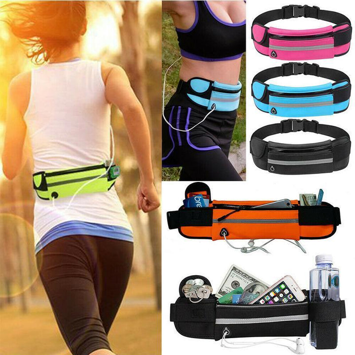 Close-up of waterproof running waist bag fabric & zipper, ideal for jogging & sports