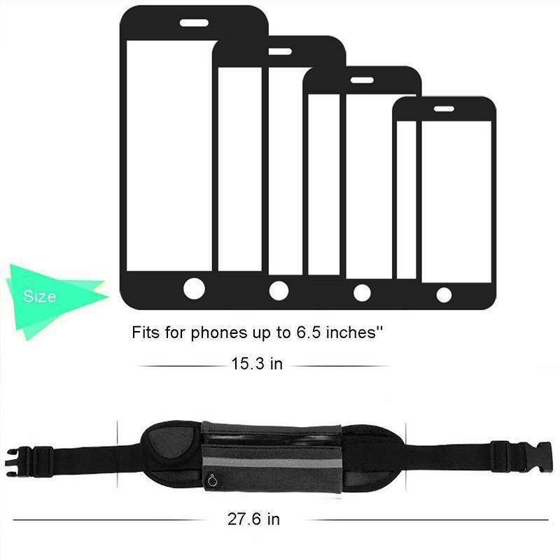 Fanny pack running belt, unisex, in use by a runner, holding phone and keys