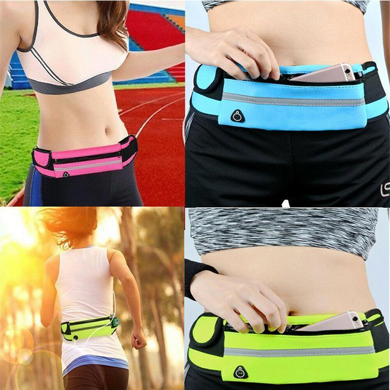 Waterproof running belt, black, demonstrating adjustable strap for various waist sizes