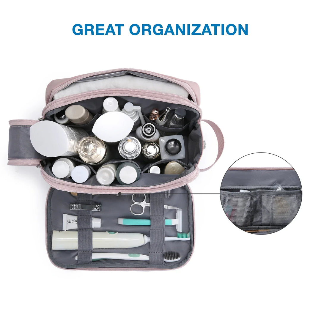 Open view of the spacious travel toiletry bag, showing multiple compartments & waterproof lining.
