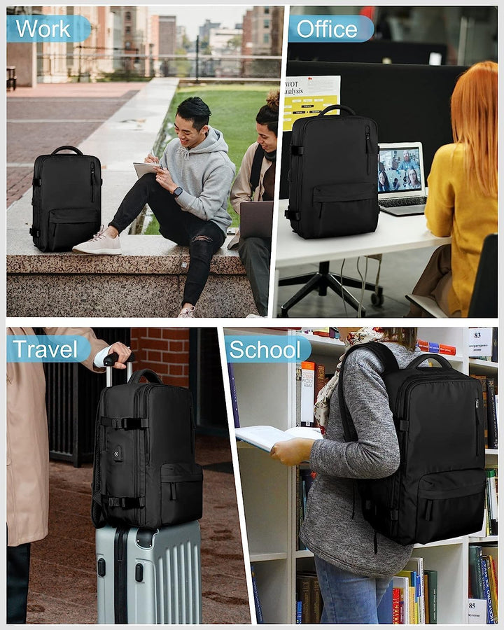 Multifunctional waterproof travel backpack for men & women, with shoe compartment, USB port & laptop sleeve.