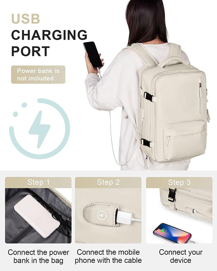 Practical waterproof travel backpack with USB port, shoe compartment & laptop protection, perfect for any trip.