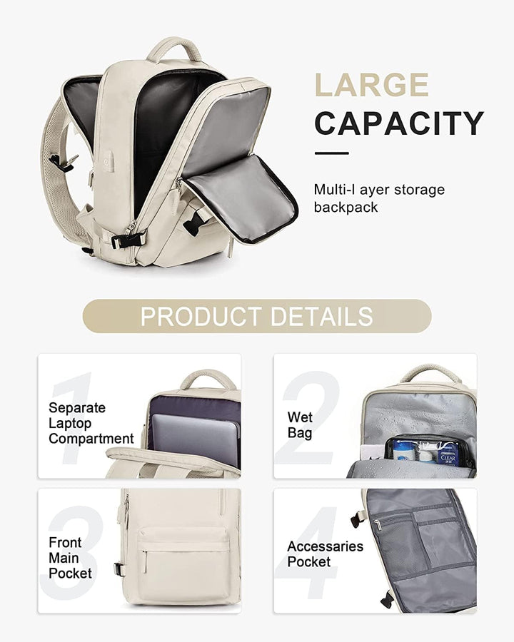 Ergonomic waterproof travel backpack with integrated USB charger, shoe compartment & laptop sleeve; unisex.