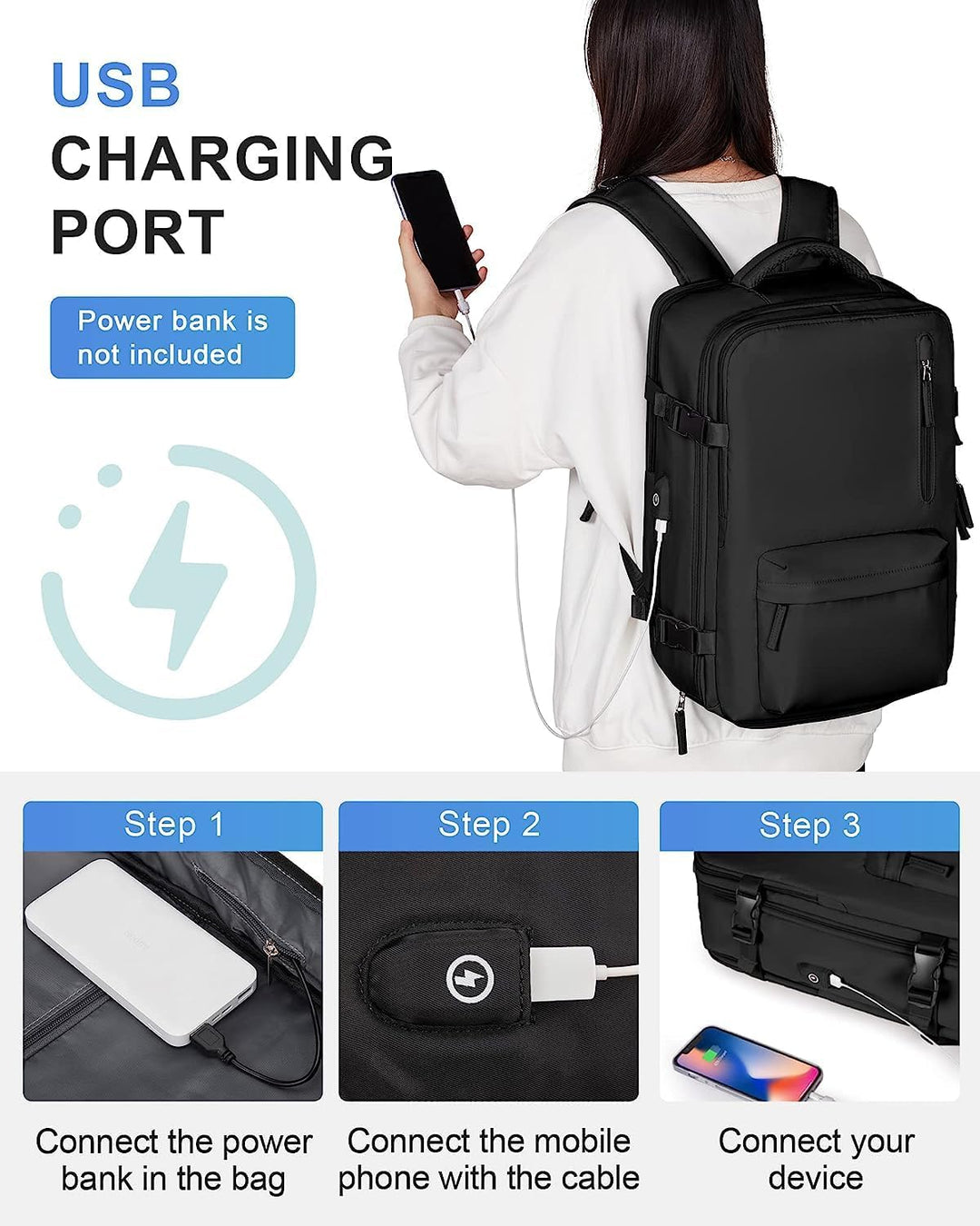 Black waterproof travel backpack with shoe compartment, USB port, and padded laptop sleeve; ideal for carry-on.