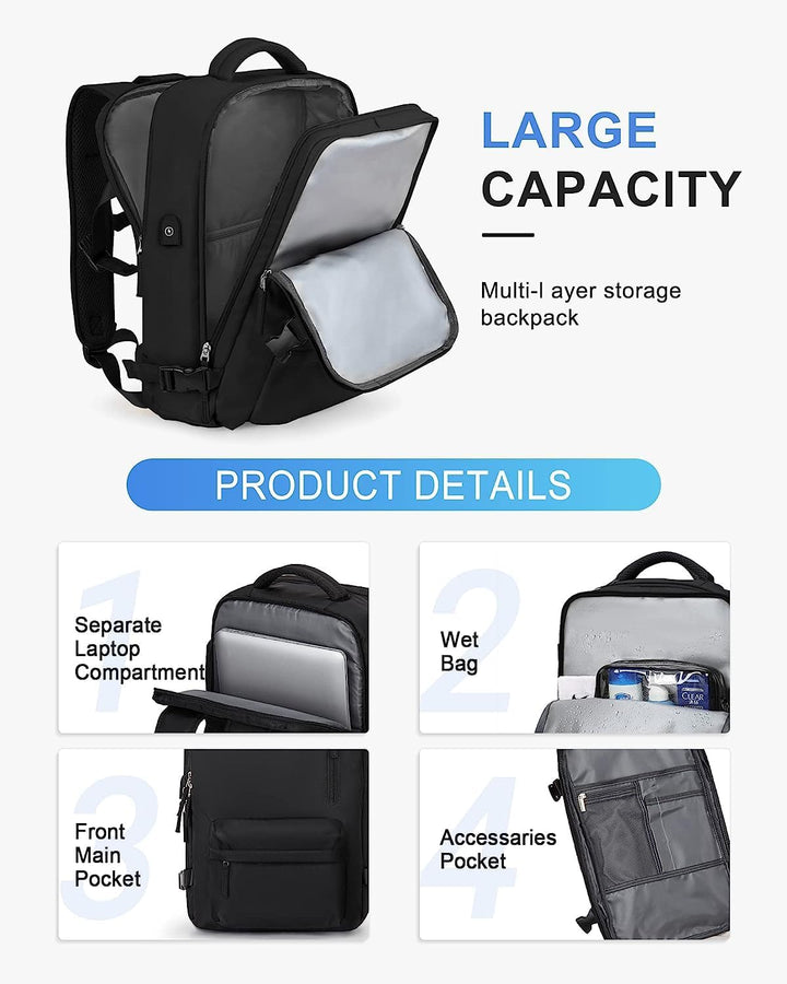 Comfortable waterproof travel backpack for laptops, featuring a separate shoe compartment & external USB charging.