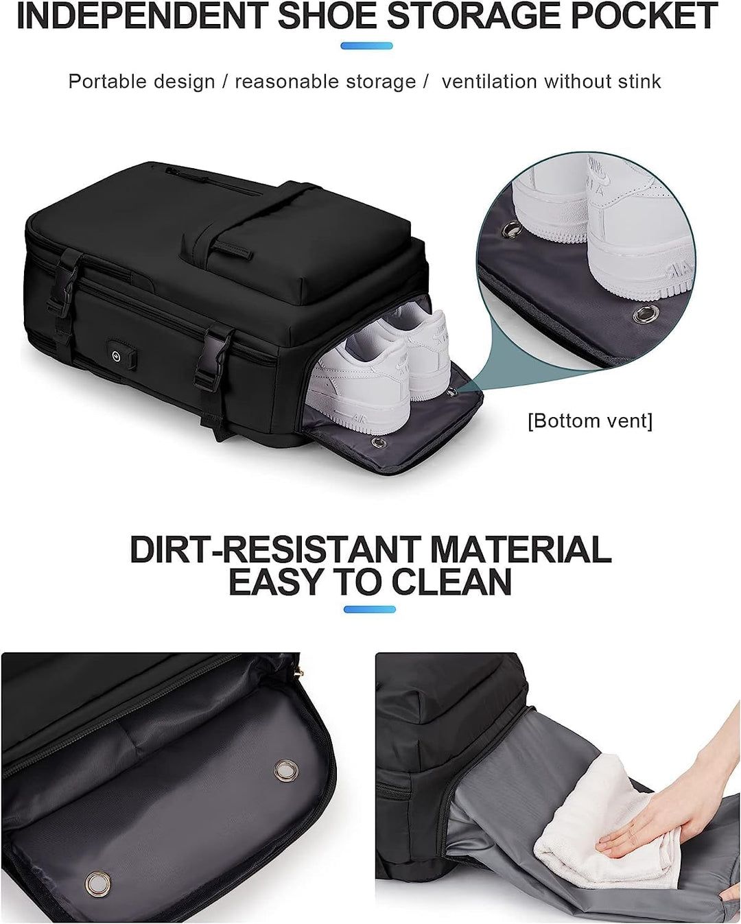 Rugged waterproof hiking & travel backpack (unisex) with shoe compartment, USB port & organized pockets.