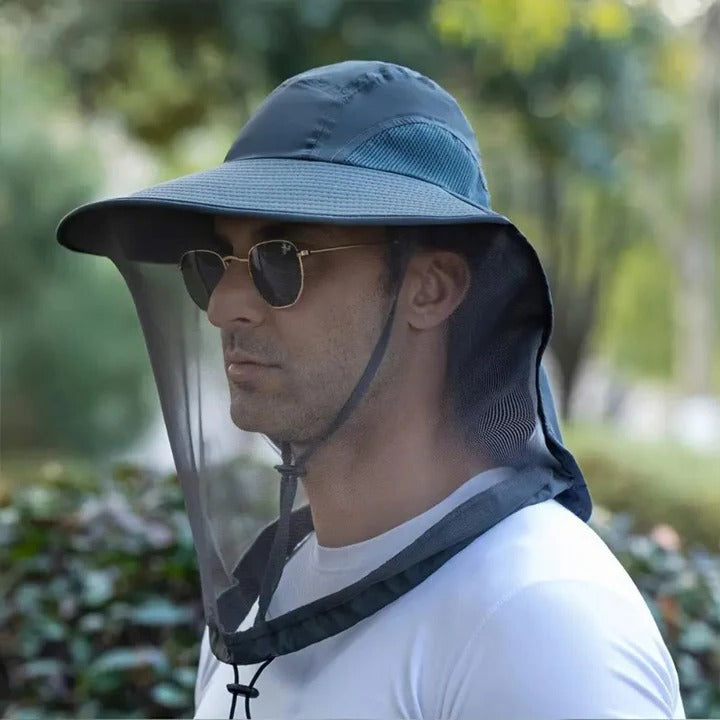 Durable outdoor wide brim hat with UV shield, neck flap, & face cover, perfect for hiking, fishing, and garden.