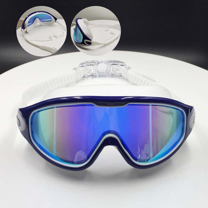 Unisex wide view anti-fog swimming goggles in blue, ideal for comfortable water sports.