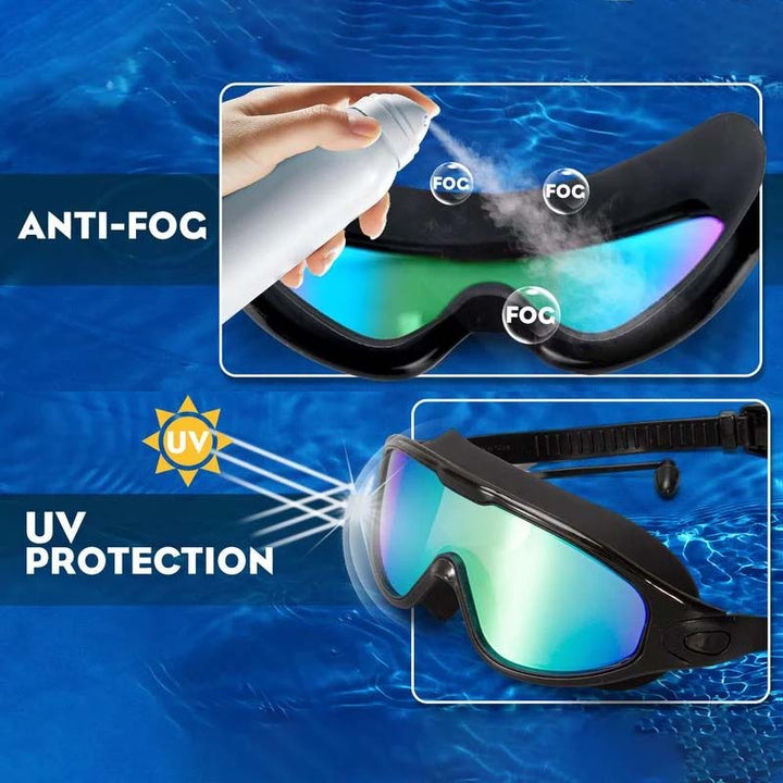 Swimming goggles, unisex, anti-fog, wide view, blue color, essential swimwear accessory.