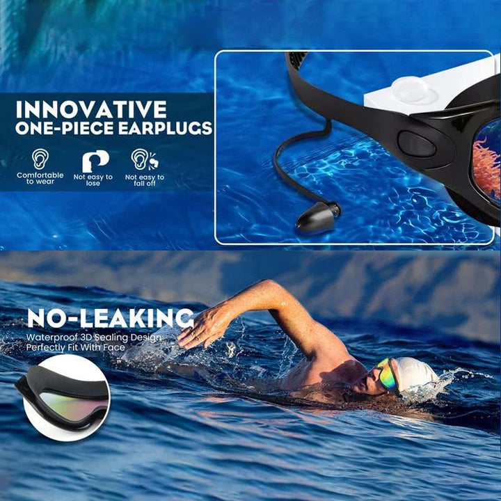 Silicone swim goggles, anti-fog, wide view, designed for unisex comfort and clear vision.