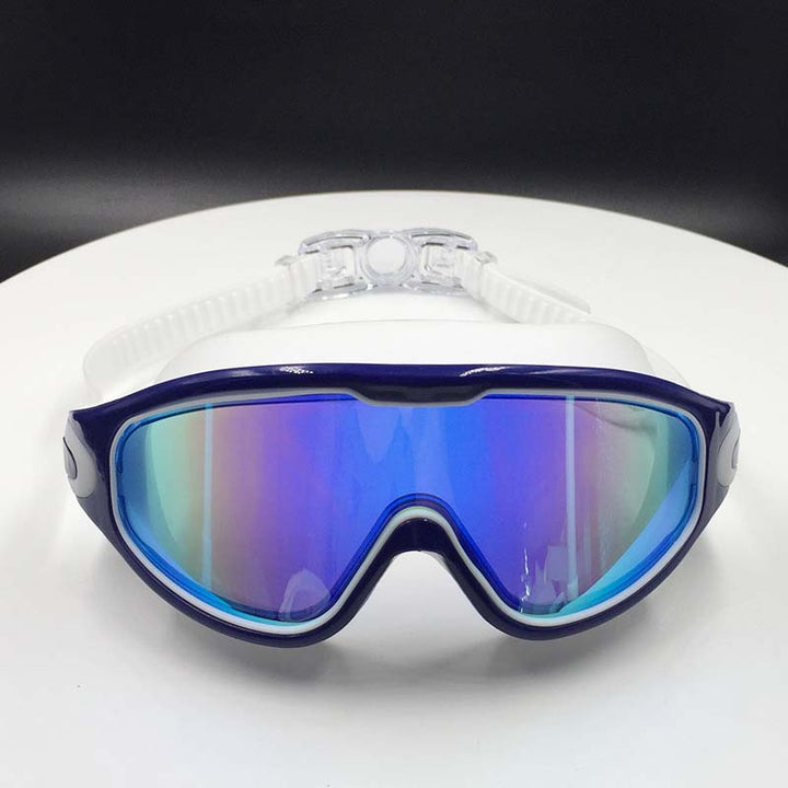 Blue wide view anti-fog unisex swimming goggles, essential gear for any water sport.