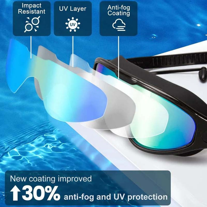 Anti-fog silicone swimming goggles, wide view design, suitable for all genders in swimwear.