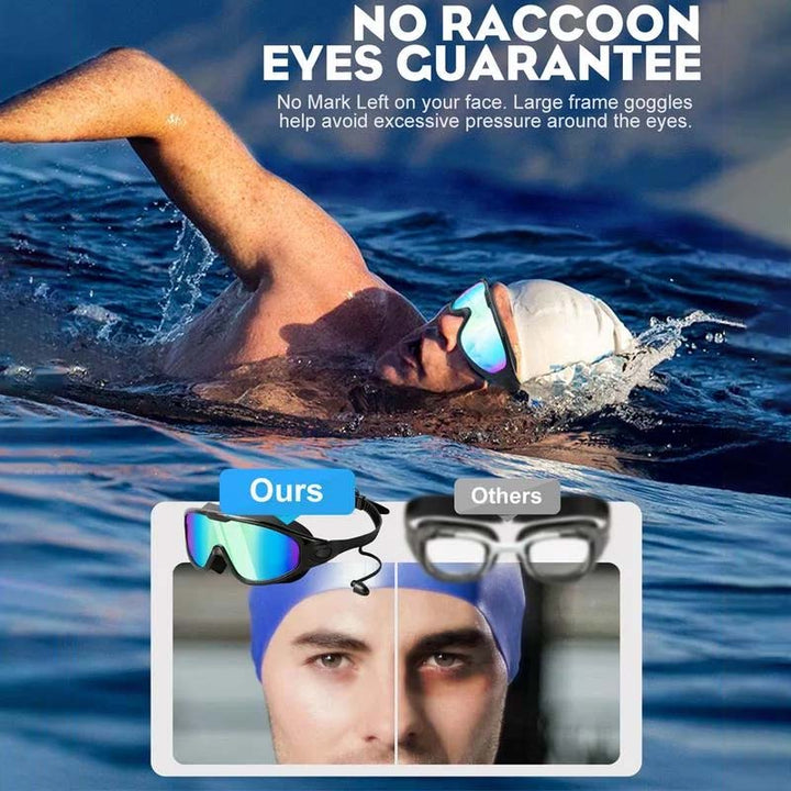 Blue unisex wide view swimming goggles with anti-fog coating, perfect for water sports activities.