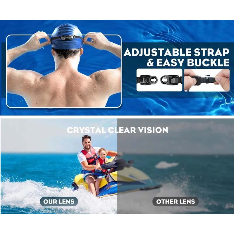 Unisex anti-fog swim goggles with a broad field of vision for enhanced underwater clarity.