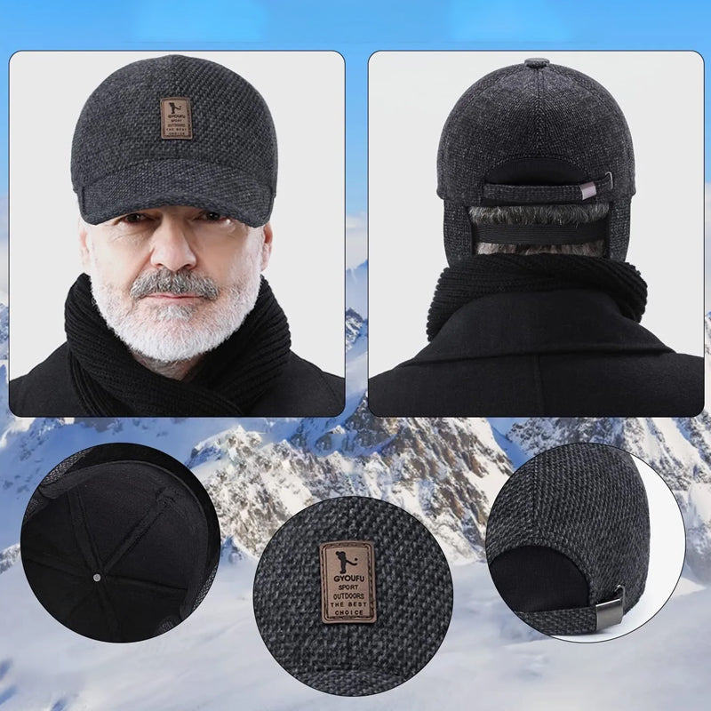 Male wearing a charcoal unisex winter baseball cap with ear flaps down, casual outdoor style, warm hat