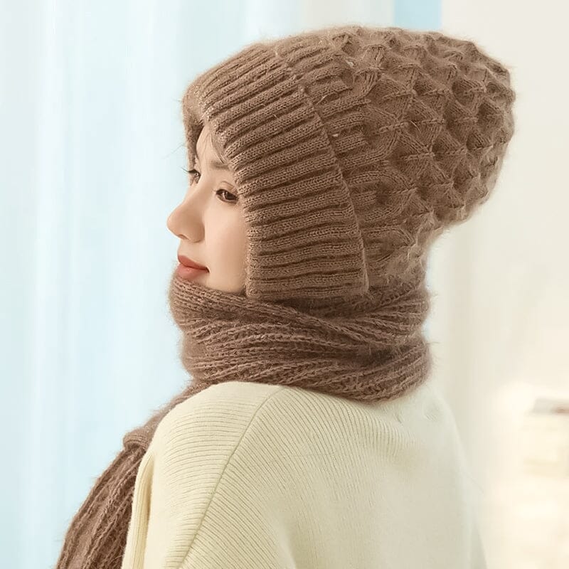 Front view of a unisex beige knit hooded scarf, designed for ear protection and warmth, essential for winter.