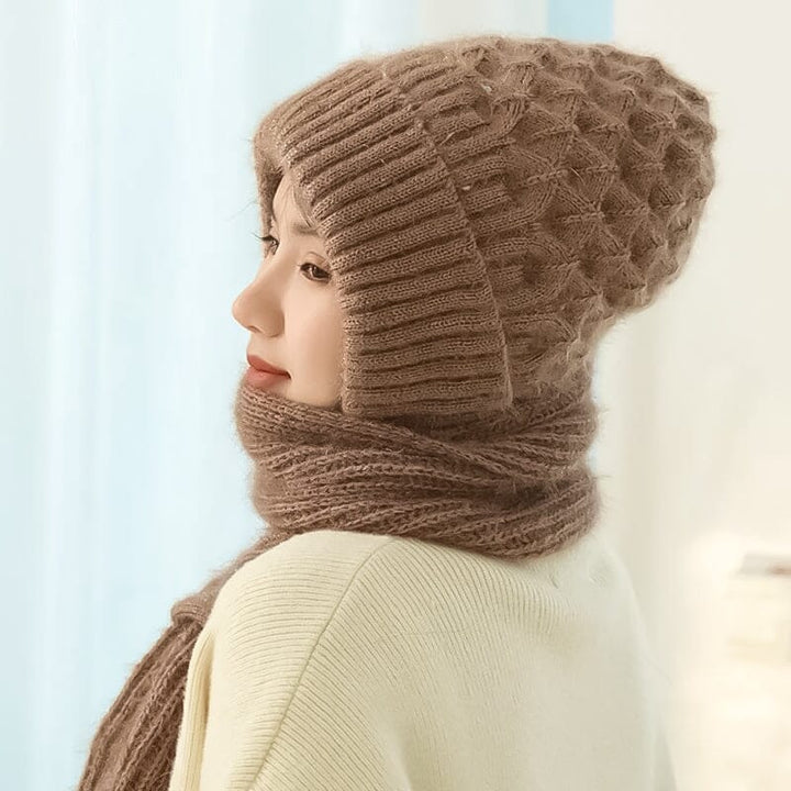 Front view of a unisex beige knit hooded scarf, designed for ear protection and warmth, essential for winter.