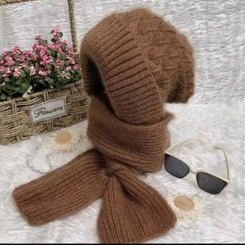 Flat lay of a unisex knit hooded scarf in brown, showing its integrated ear protection and soft, warm material.