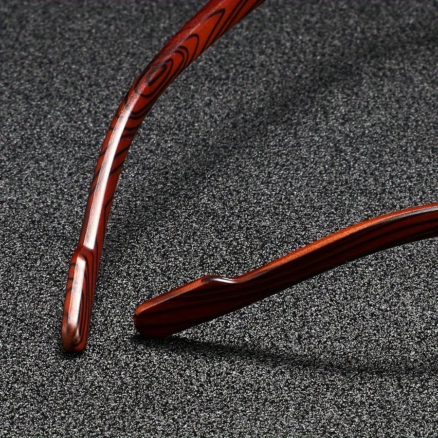 Unisex Wood-Inspired UV400 Sunglasses on a model, demonstrating fashionable eyewear for sunny days