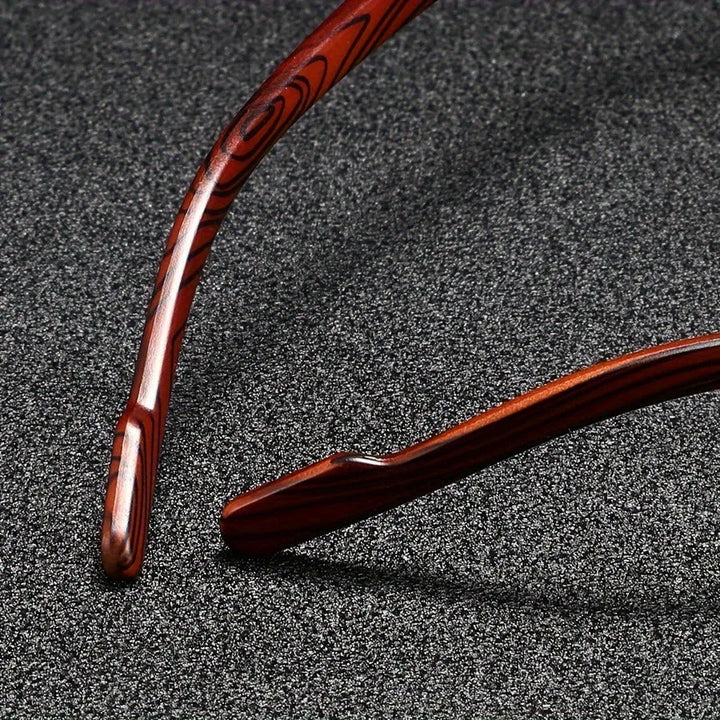 Unisex Wood-Inspired UV400 Sunglasses on a model, demonstrating fashionable eyewear for sunny days
