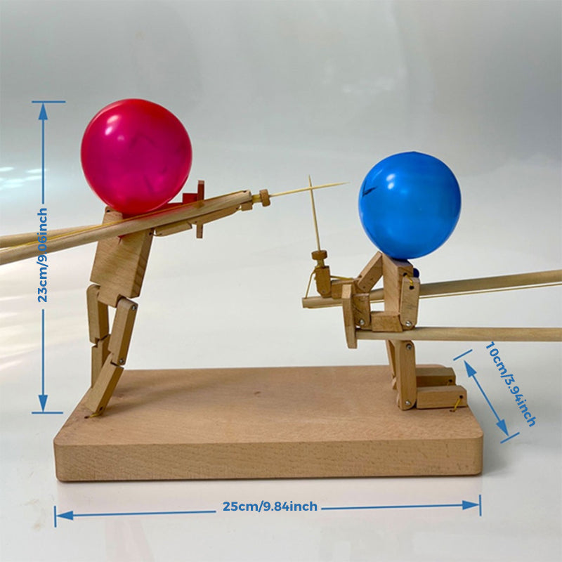 Wooden Balloon Battle Bots Game set up on a table, ready for a party game showdown