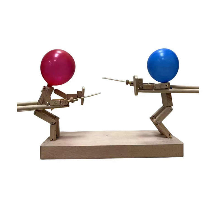 A child laughing while playing the Wooden Balloon Battle Bots Game, engaging in family fun