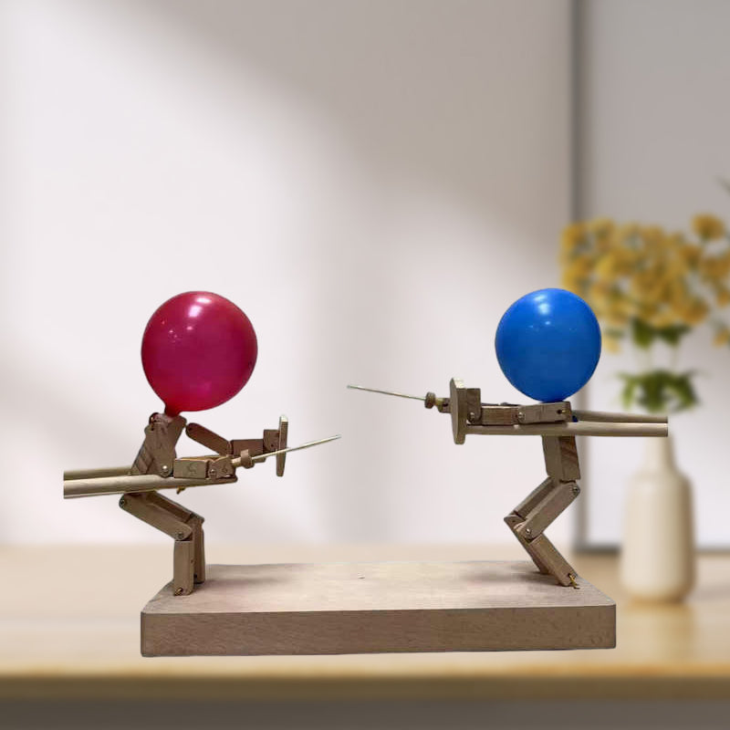 Packaging for Wooden Balloon Battle Bots Game, highlighting family fun and two-player action