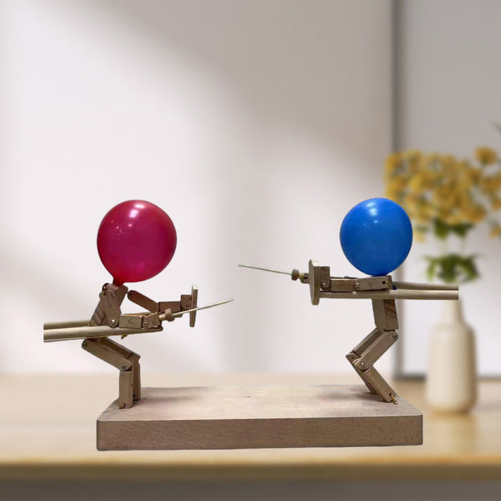 Packaging for Wooden Balloon Battle Bots Game, highlighting family fun and two-player action