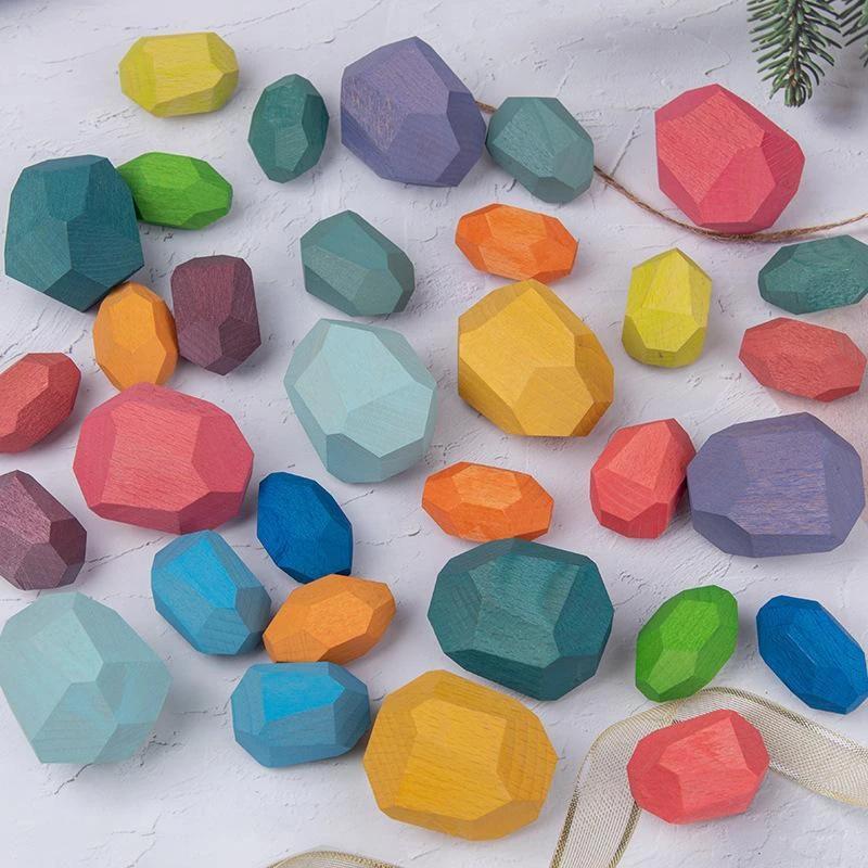 Educational wooden balancing blocks for children, natural pine, various colors