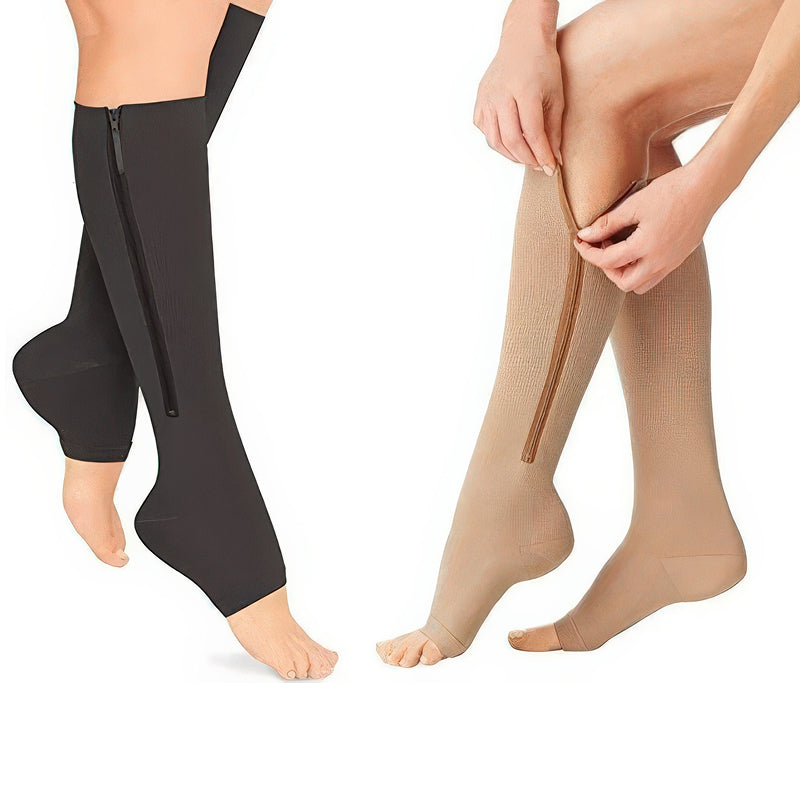 Close-up of black unisex zipper compression sock, highlighting durable zipper and breathable fabric for comfortable leg support.
