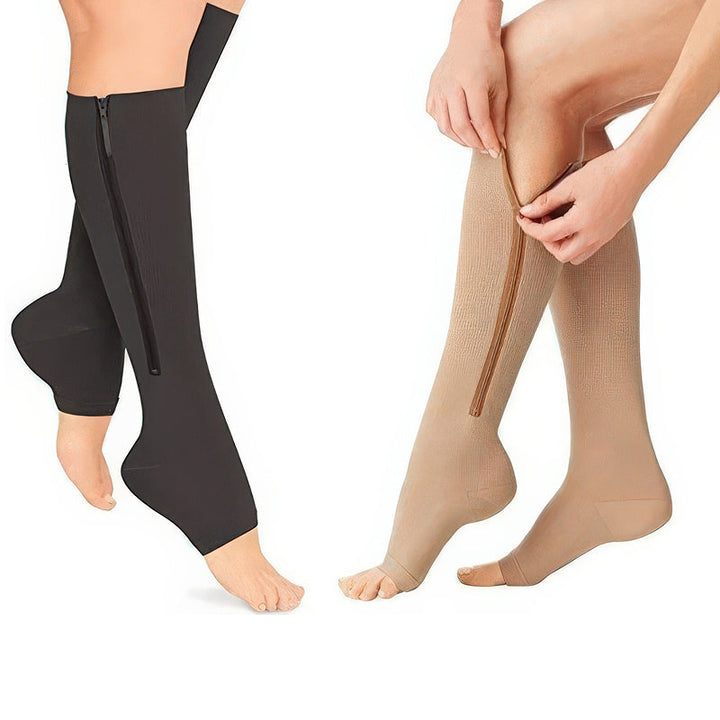 Close-up of black unisex zipper compression sock, highlighting durable zipper and breathable fabric for comfortable leg support.