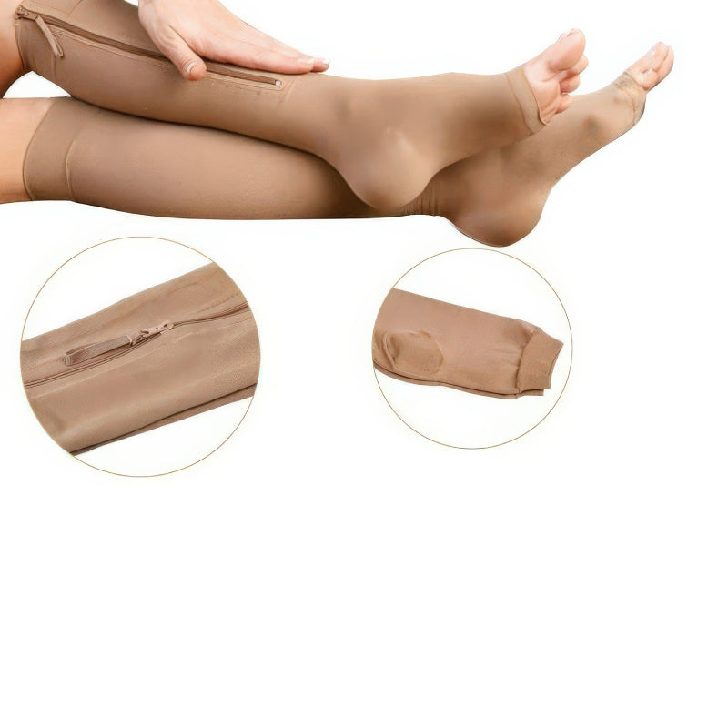 White unisex zipper compression socks, 20-30 mmHg firm support, great for nurses, travel, and daily fatigue relief.
