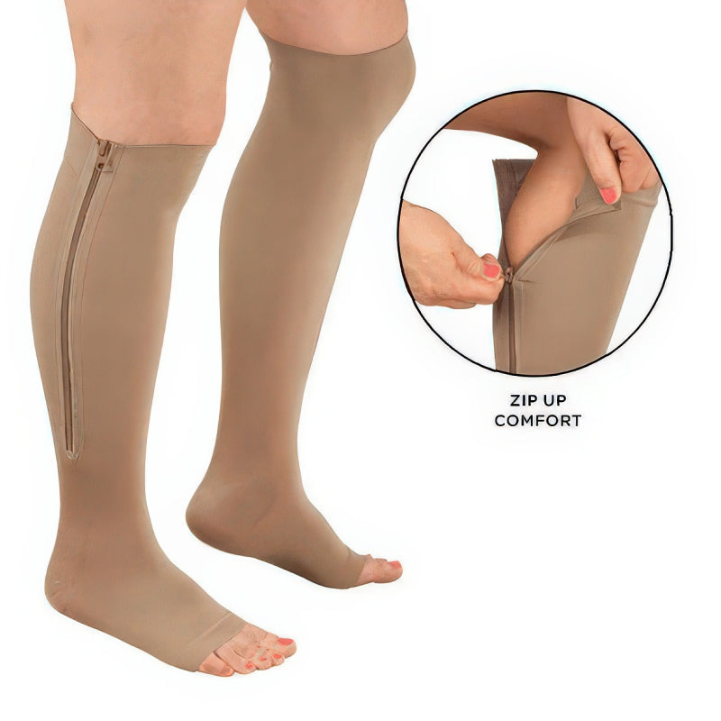 Pair of unisex zipper compression socks, 20-30 mmHg firm support, offering easy wear for daily leg support & circulation.