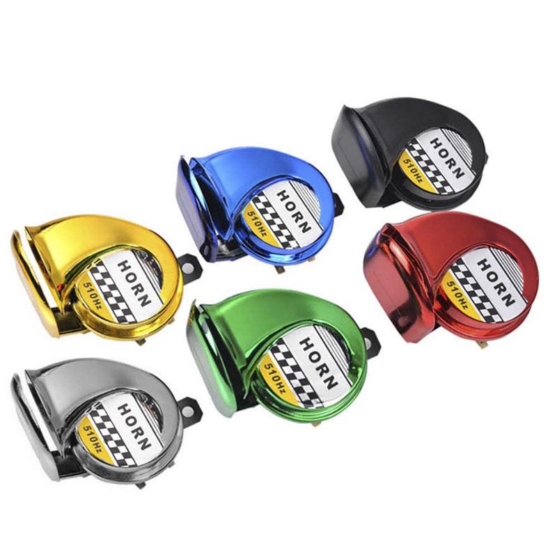 Close-up of a black 12V universal air horn with mounting bracket, car safety accessory