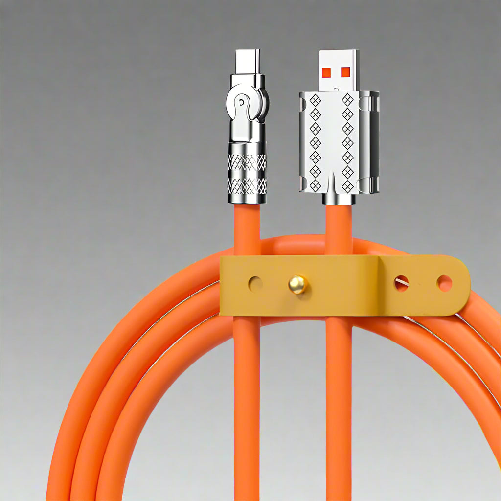 Rotating 120W Type-C & iPhone compatible fast charging cable, designed for ultimate flexibility & durability.