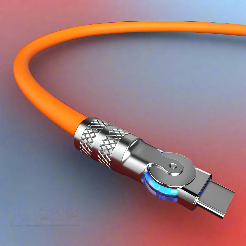 Anti-break 180° rotating fast charging cable, 120W power for rapid phone accessory charging & data sync.