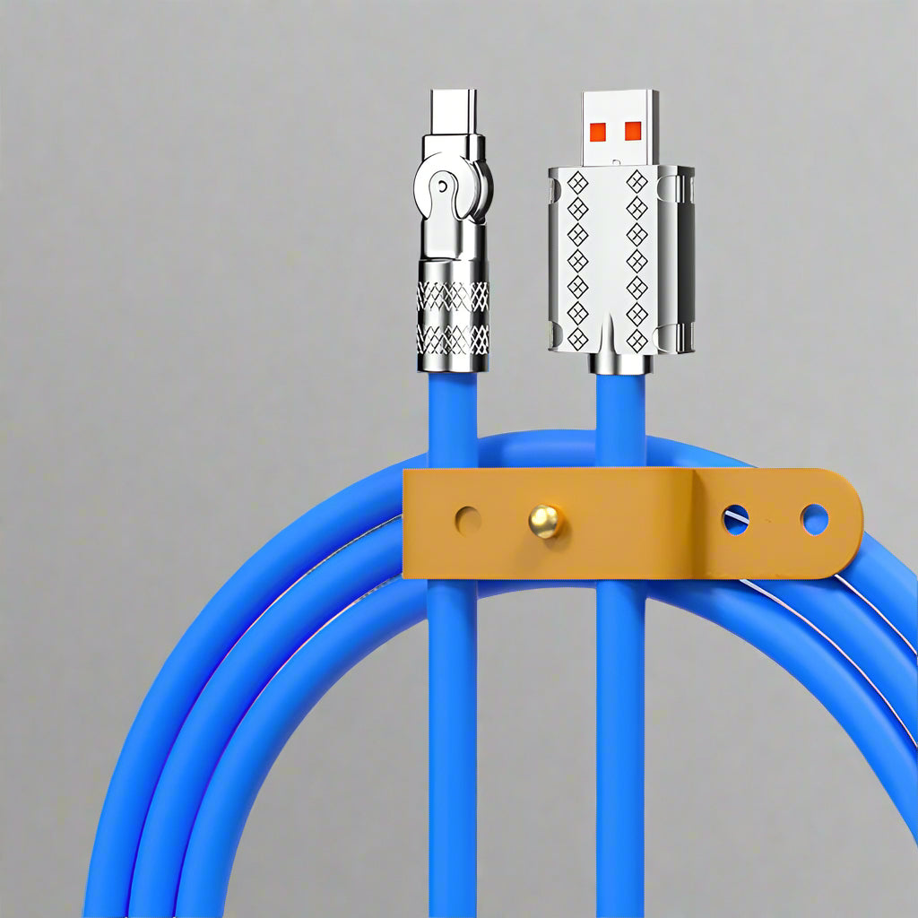 Ergonomic 180° rotating fast charging USB cable shown in use, providing flexible charging for all devices.
