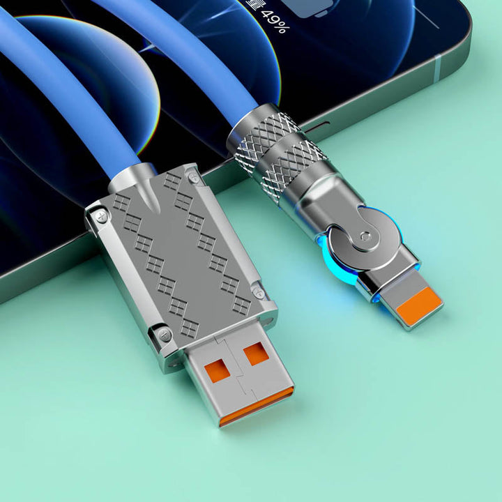Premium 120W fast charging & data cable with 180° rotating head, ensuring durable and tangle-free use.